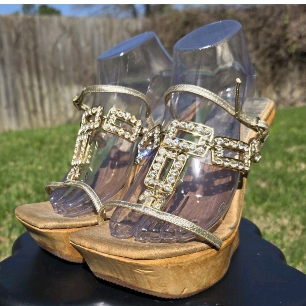 Dolce & Gabbana Vintage Gold Crystal Embellished Wood Platform Wedge Sandals